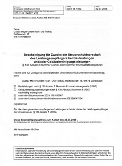 Nachweis zur Steuerschuldnerschaft des Leistungsempfängers bei Bauleistungen und/ oder Gebäudereinigungsleistungen
